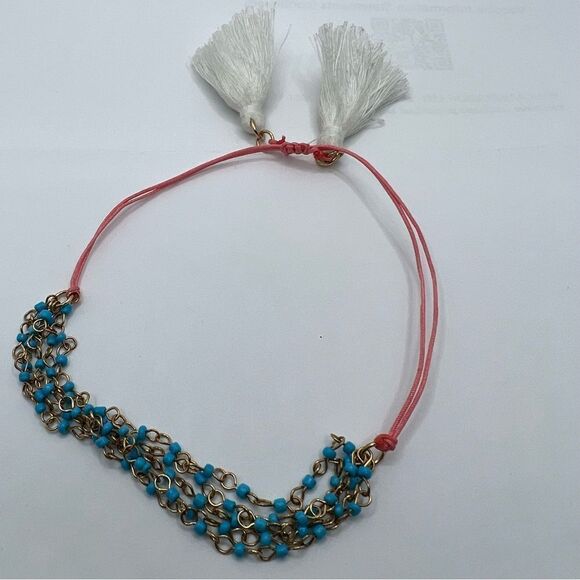 🍭6/$30 Turquoise beaded and small gold link fringe tassel adjustable bracelet - Picture 4 of 4